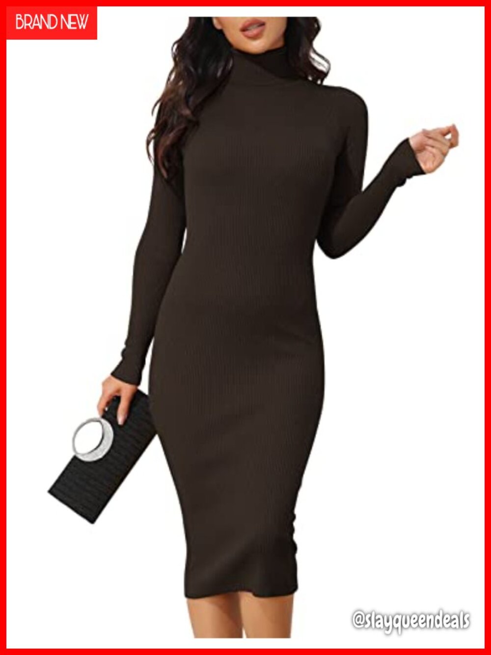 Turtleneck Ribbed Knit Long Sleeve Slim Fit Midi Sweater Dress